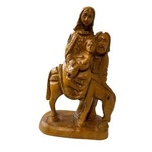 Hand Carved Wooden Holy‎ Family Nativity Scene on Donkey Figurine